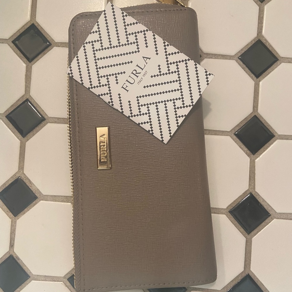 Furla grey leather zip around wallet